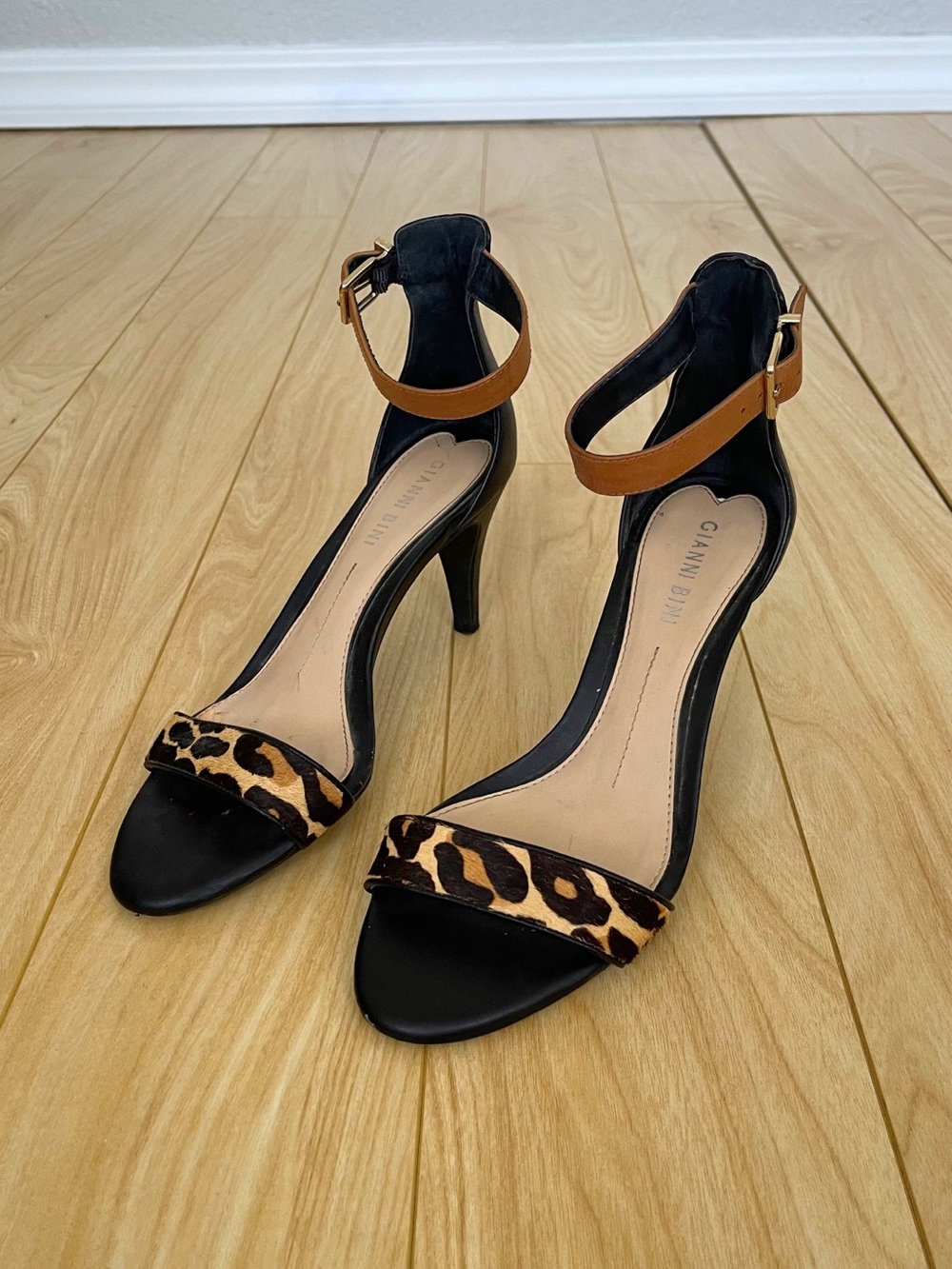 Gianni Bini Black and Leopard Ankle-Strap Heels with Tan Straps